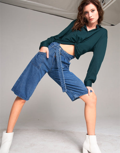 Load image into Gallery viewer, Mid Blue Denim Front Cut-out High-waist Buckle Self-tie Belt Detail Midi Flare Jean Pants
