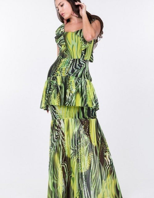 Load image into Gallery viewer, Ruffle Sleeve Tiered Bottom Print Long Dress by Balec Group
