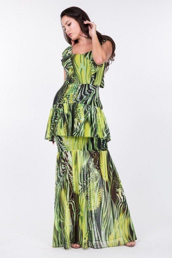 Ruffle Sleeve Tiered Bottom Print Long Dress by Balec Group