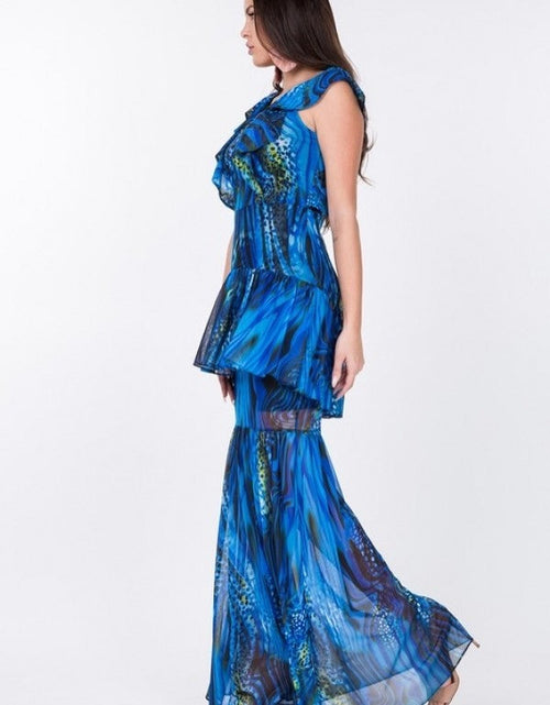 Load image into Gallery viewer, Ruffle Sleeve Tiered Bottom Print Long Dress by Balec Group
