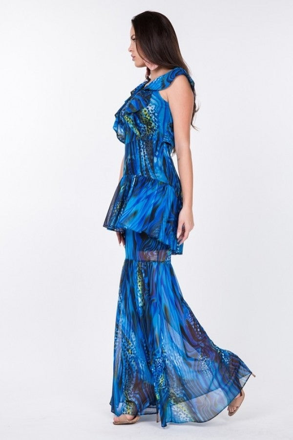 Ruffle Sleeve Tiered Bottom Print Long Dress by Balec Group