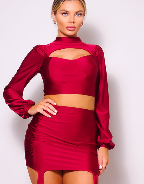 Load image into Gallery viewer, Puff Long Sleeve Front Cutout Turtleneck Blouse &amp; Side Ruched Garter Mini Skirt Set by Balec Group
