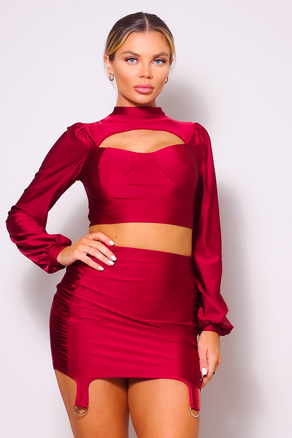 Puff Long Sleeve Front Cutout Turtleneck Blouse & Side Ruched Garter Mini Skirt Set by Balec Group