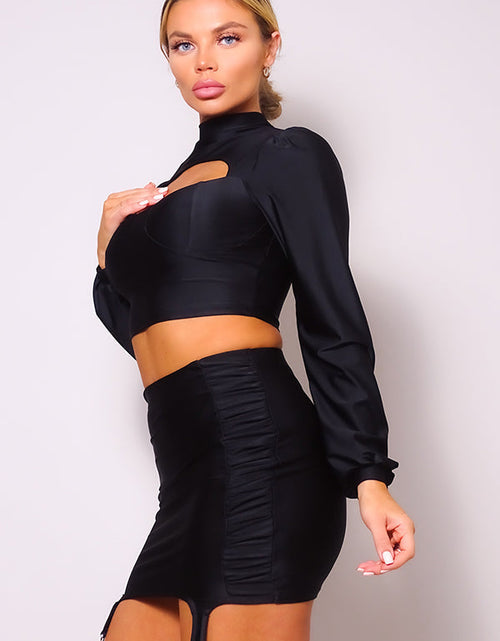 Load image into Gallery viewer, Puff Long Sleeve Front Cutout Turtleneck Blouse &amp; Side Ruched Garter Mini Skirt Set by Balec Group
