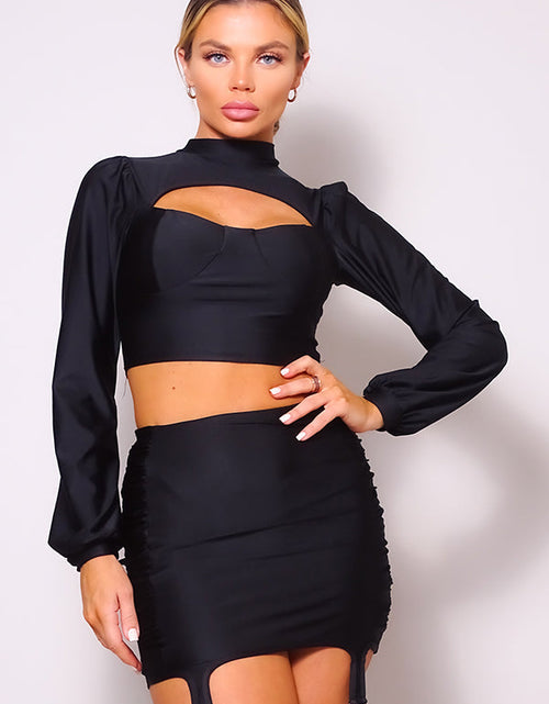 Load image into Gallery viewer, Puff Long Sleeve Front Cutout Turtleneck Blouse &amp; Side Ruched Garter Mini Skirt Set by Balec Group
