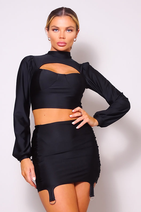 Puff Long Sleeve Front Cutout Turtleneck Blouse & Side Ruched Garter Mini Skirt Set by Balec Group