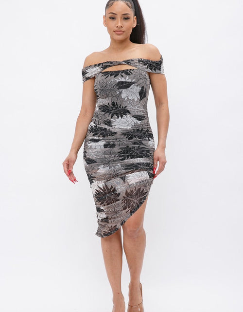 Load image into Gallery viewer, Printed Mesh Off Shoulder Dress by Balec Group
