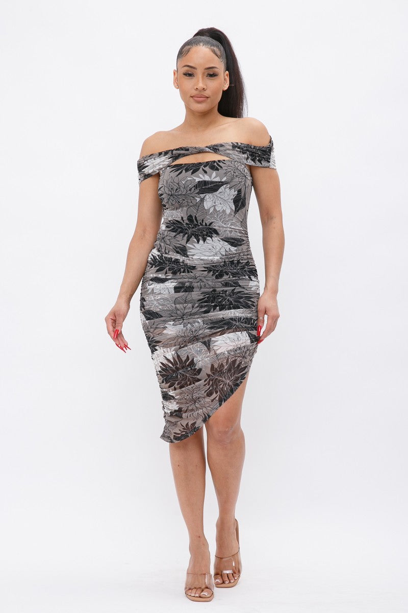 Printed Mesh Off Shoulder Dress by Balec Group