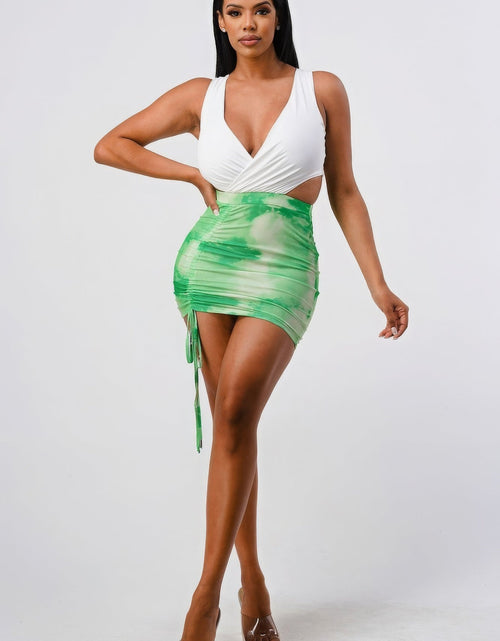 Load image into Gallery viewer, White Sleeveless Top With Detachable Rhinestone Cross Open Back With Bodycon Tie Dye Ruched Mini Dress by Balec Group
