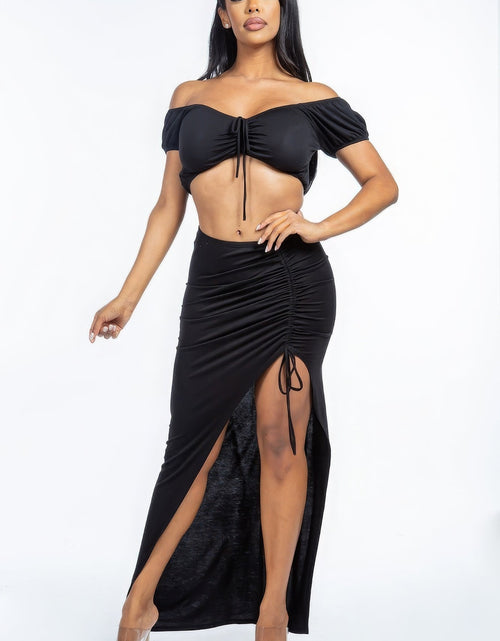 Load image into Gallery viewer, Solid Ruched Front Off The Shoulder Short Sleeve Cropped Top And Side Ruched Asymmetrical Skirt Two Piece Set by Balec Group
