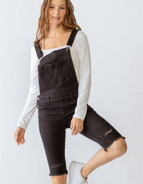 Load image into Gallery viewer, Black Denim Distressed Detail Raw Hem Cropped Bermuda Overall
