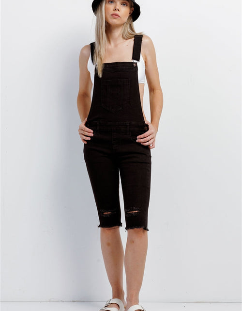 Load image into Gallery viewer, Black Denim Distressed Detail Raw Hem Cropped Bermuda Overall
