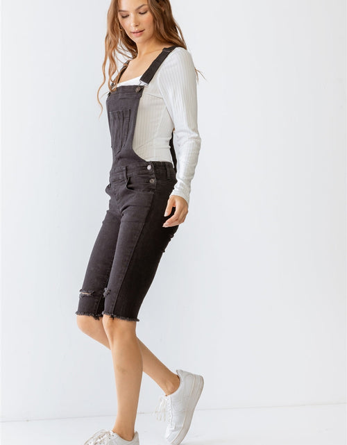 Load image into Gallery viewer, Black Denim Distressed Detail Raw Hem Cropped Bermuda Overall

