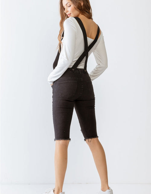Load image into Gallery viewer, Black Denim Distressed Detail Raw Hem Cropped Bermuda Overall
