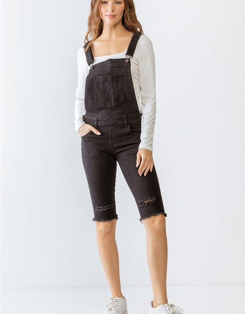 Load image into Gallery viewer, Black Denim Distressed Detail Raw Hem Cropped Bermuda Overall
