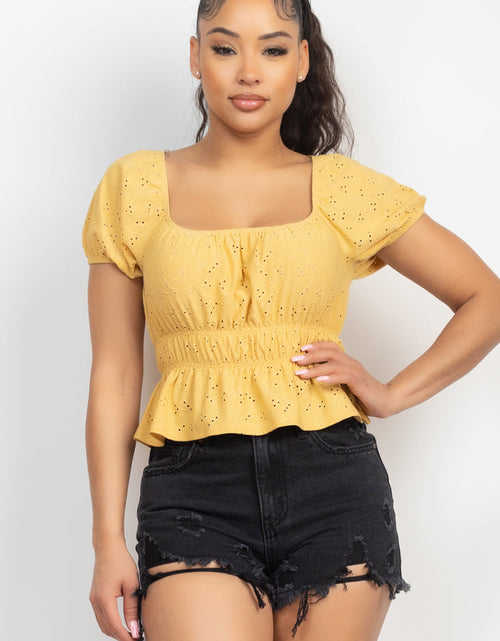 Load image into Gallery viewer, Puff Sleeve Eyelet Peplum Top
