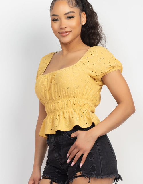 Load image into Gallery viewer, Puff Sleeve Eyelet Peplum Top
