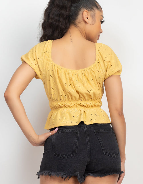 Load image into Gallery viewer, Puff Sleeve Eyelet Peplum Top
