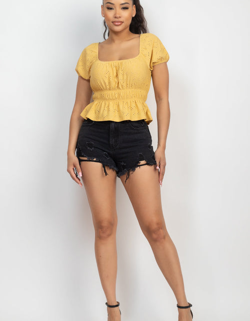 Load image into Gallery viewer, Puff Sleeve Eyelet Peplum Top
