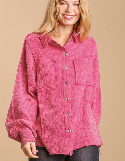 Load image into Gallery viewer, Mineral wash button down top with high low hem

