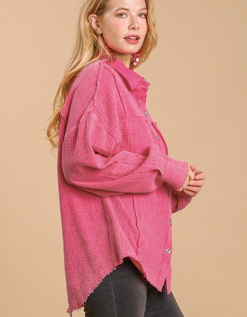 Load image into Gallery viewer, Mineral wash button down top with high low hem
