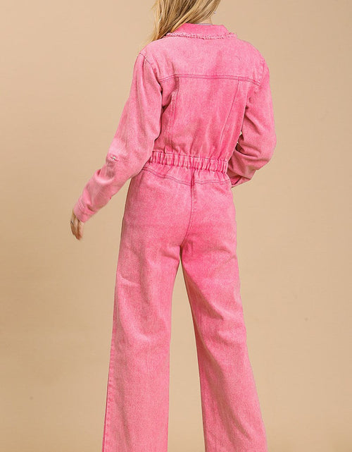 Load image into Gallery viewer, Mid button down stone wash wide leg distressed jumpsuit &amp; side pockets with no lining
