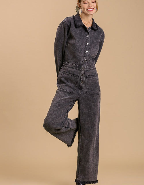Load image into Gallery viewer, Mid button down stone wash wide leg distressed jumpsuit &amp; side pockets with no lining
