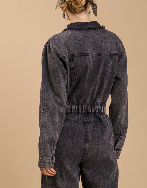 Load image into Gallery viewer, Mid button down stone wash wide leg distressed jumpsuit &amp; side pockets with no lining
