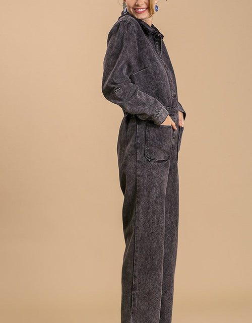 Load image into Gallery viewer, Mid button down stone wash wide leg distressed jumpsuit &amp; side pockets with no lining
