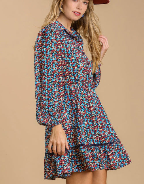 Load image into Gallery viewer, Collared neckline button down floral print dress with crochet trimmed details by Balec Group
