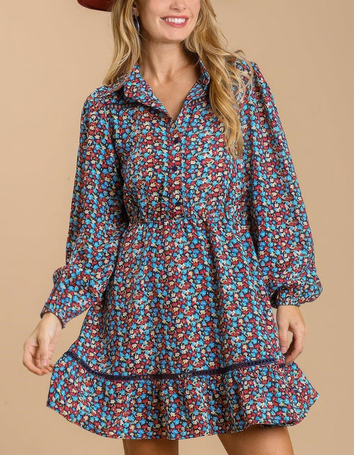 Load image into Gallery viewer, Collared neckline button down floral print dress with crochet trimmed details by Balec Group
