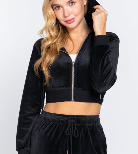 Long Slv Velour Hoodie Crop Jacket