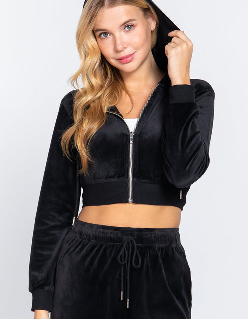 Load image into Gallery viewer, Long Slv Velour Hoodie Crop Jacket
