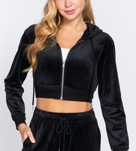 Long Slv Velour Hoodie Crop Jacket