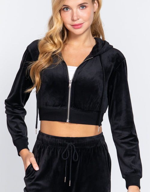 Load image into Gallery viewer, Long Slv Velour Hoodie Crop Jacket

