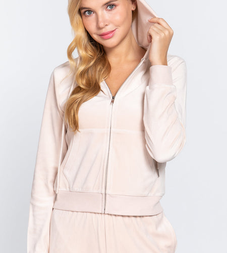 Long Sleeve Velour Hoodie Zip Up Jacket