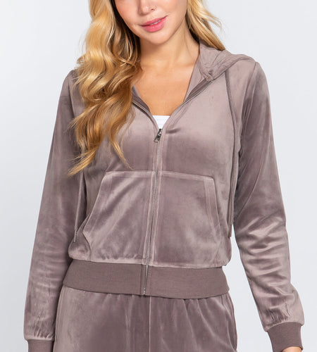 Long Sleeve Velour Hoodie Zip Up Jacket