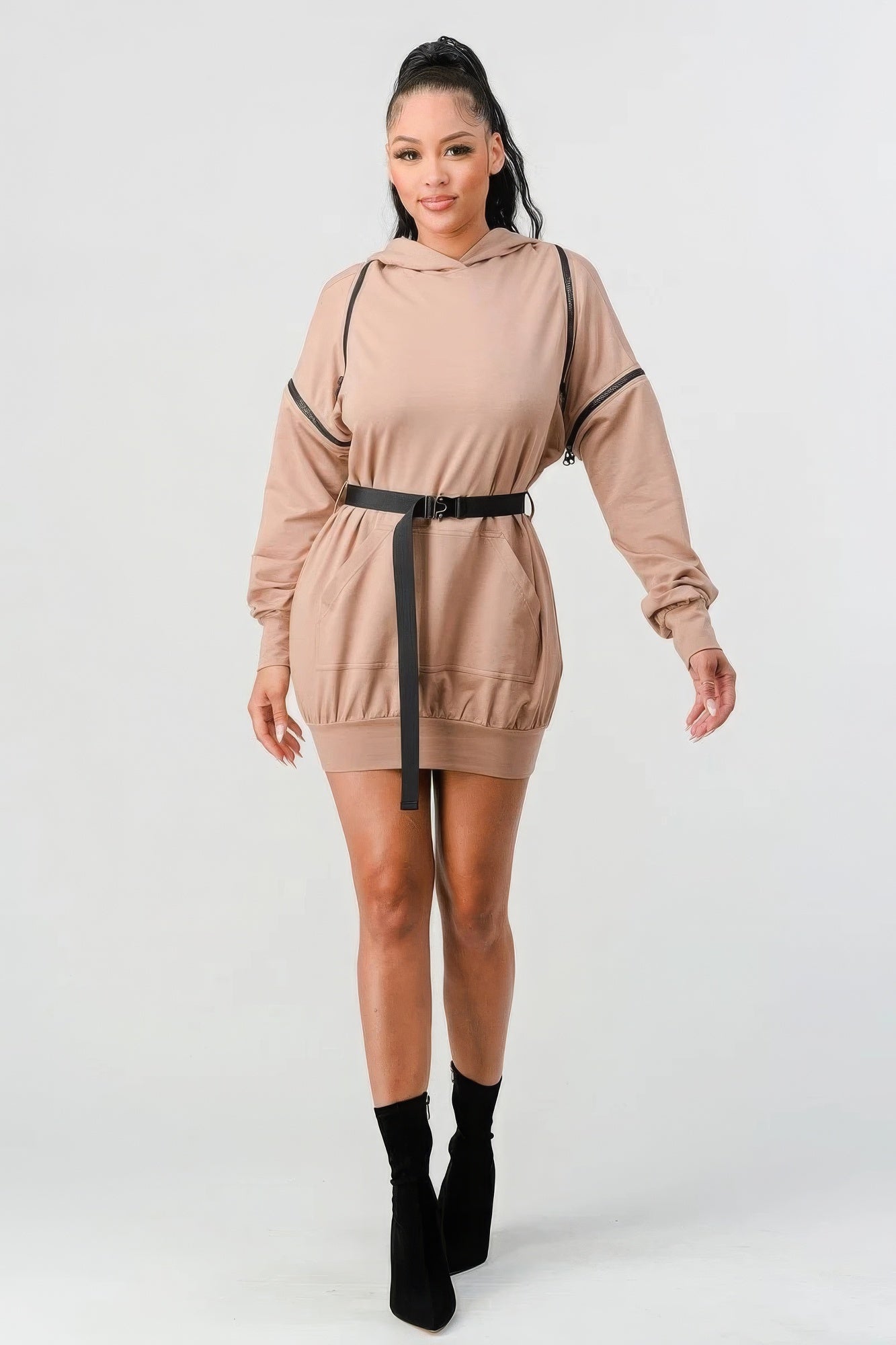 Double Zipper Long Sleeve Hooded Mini Dress by Balec Group