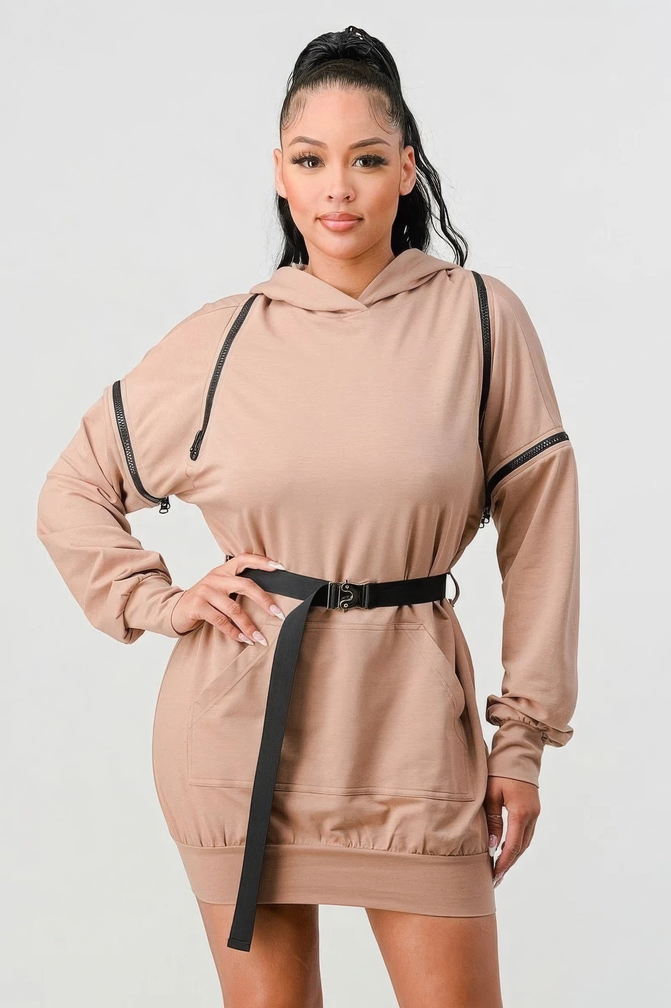 Double Zipper Long Sleeve Hooded Mini Dress by Balec Group