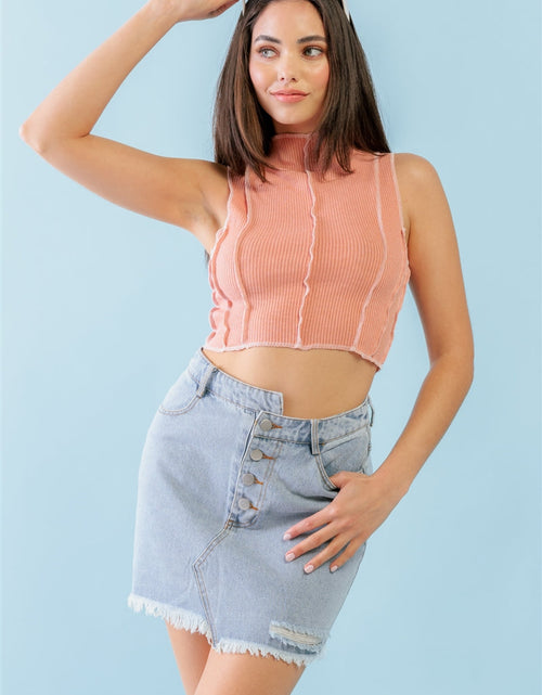 Load image into Gallery viewer, Dark Peach Ribbed Inside-out Sleeveless Mock Neck Crop Top
