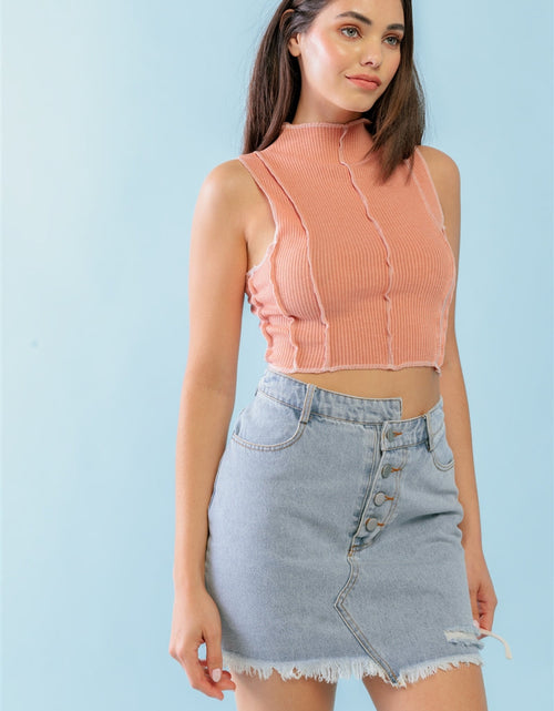 Load image into Gallery viewer, Dark Peach Ribbed Inside-out Sleeveless Mock Neck Crop Top
