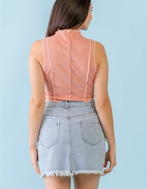 Load image into Gallery viewer, Dark Peach Ribbed Inside-out Sleeveless Mock Neck Crop Top
