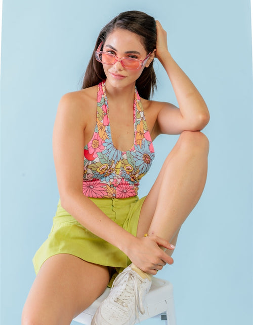 Load image into Gallery viewer, Multicolor Floral Print Sleeveless U-neck Self-tie Strap Bodysuit
