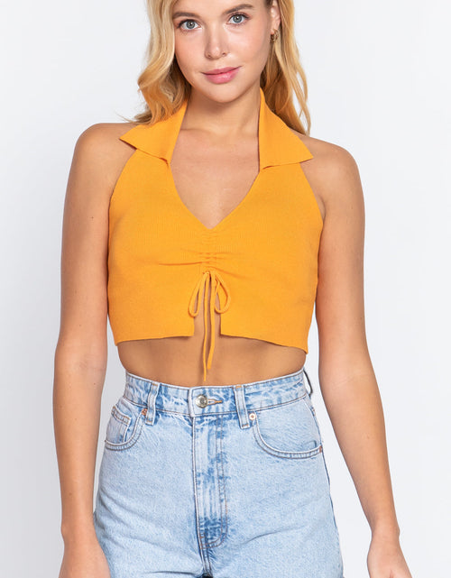 Load image into Gallery viewer, Halter Ruched Crop Sweater Knit Top
