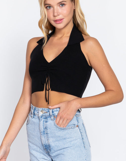 Load image into Gallery viewer, Halter Ruched Crop Sweater Knit Top
