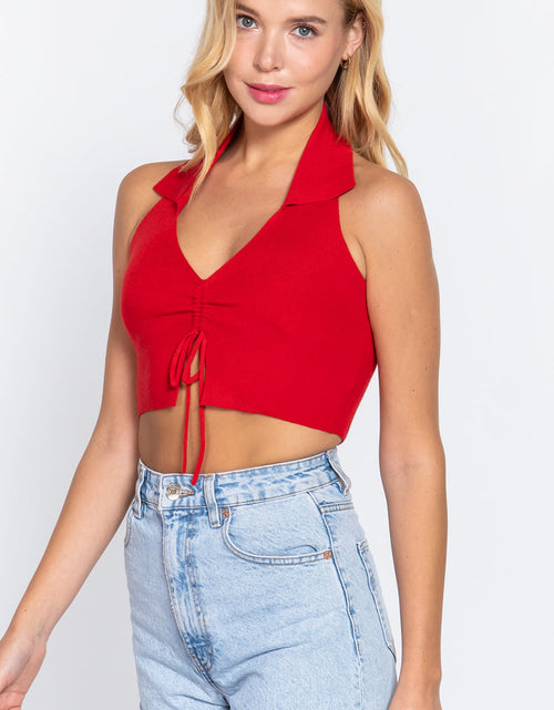 Load image into Gallery viewer, Halter Ruched Crop Sweater Knit Top
