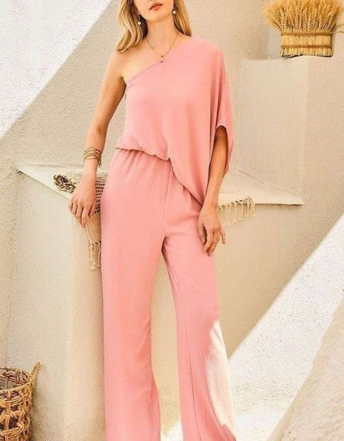 Load image into Gallery viewer, One Shoulder 3/4 Sleeve Unbalanced Waist Elastic Solid Pants Jumpsuit
