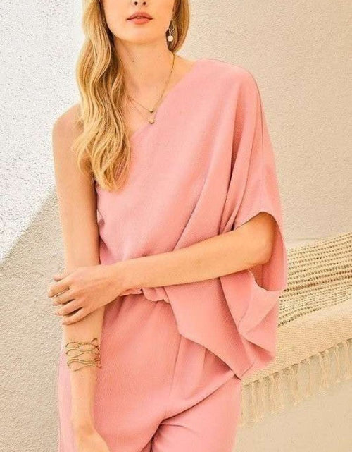 Load image into Gallery viewer, One Shoulder 3/4 Sleeve Unbalanced Waist Elastic Solid Pants Jumpsuit
