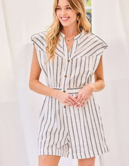 Load image into Gallery viewer, Notched Neck Button Elastic Band Waist Stripe Print Romper
