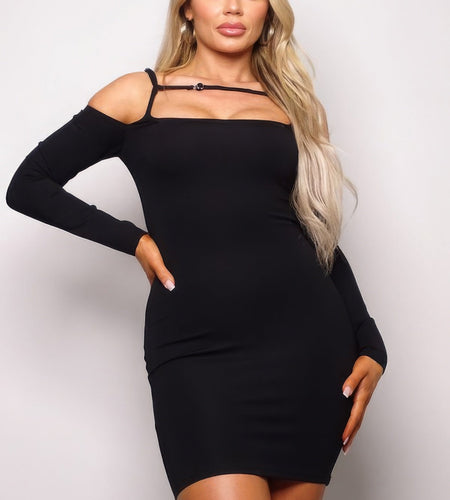 Long Sleeve Cuff Front Strap Mini Dress by Balec Group